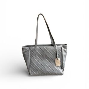 Gray blue quilted leather tote